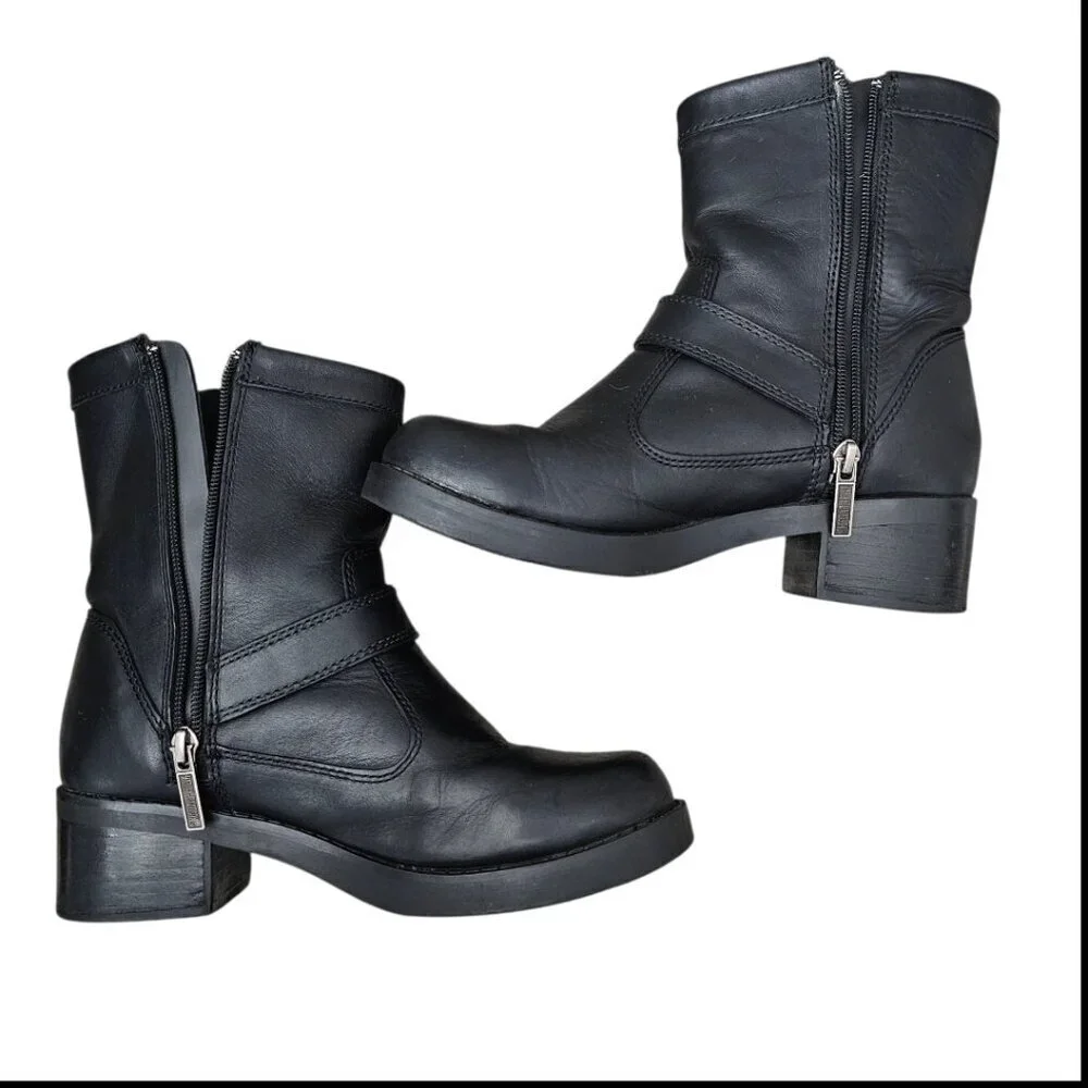 Harley Davidson Shelby Leather Buckle Zip Black Ankle Motorcycle Boots #83542